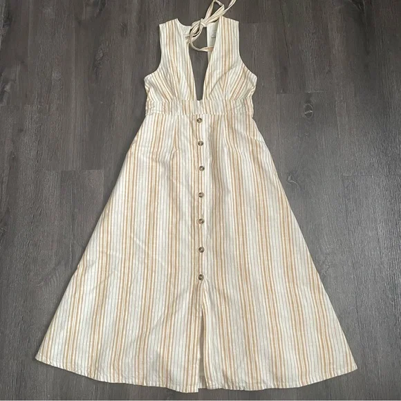 Urban Outfitters Millie Stripe Plunging Cream and Tan Backless Dress - Picture 2 of 13
